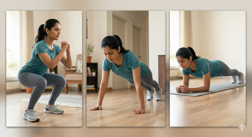 beginner bodyweight exercises at home like squats push ups